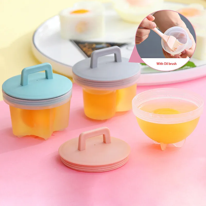 

4 Pcs/Set Cute Egg Poacher Plastic Egg Boiler Kitchen Egg Cooker Tools Eggs Mold With Lid Brush Pancake Maker Poaching Cups