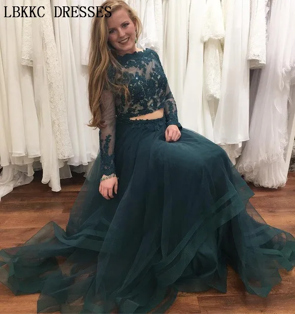 

Long Sleeve Two Pieces Prom Dresses 2019 Elegant Lace Appliques Prom Dress Gala Jurk Long Formal Women Evening Party Dresses