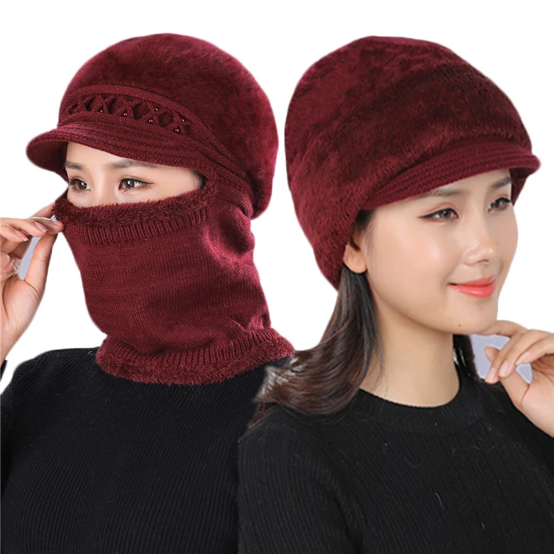 

New Winter Women Plus Velvet Knitted Hooded Hat Scarf Set Fashion Female Crochet Beanies Hat Lady Mom Thick Warm Cap Scarves Set