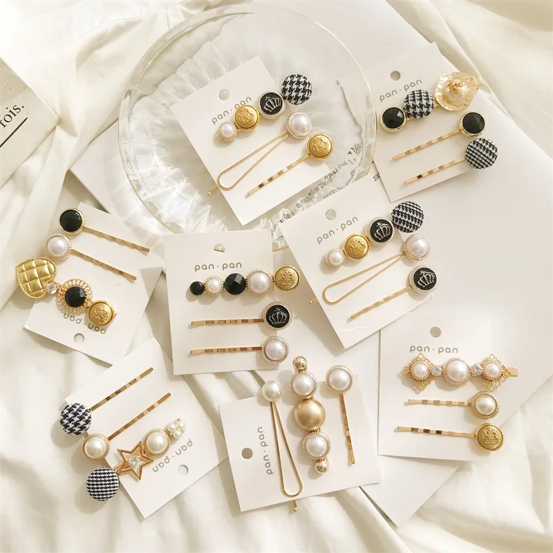 

3pcs 2019 Fashion Hair Accessories Houndstooth Button Pearl Hair Clips Set Vintage Heart Star Crystal Hairpin Barrette CE0771/5