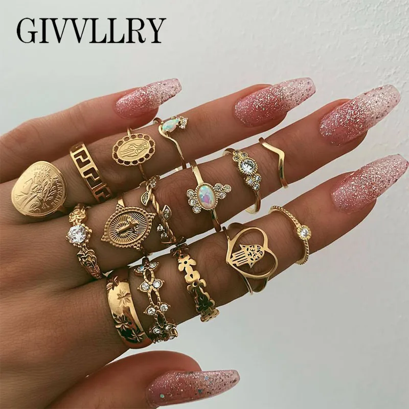

GIVVLLRY 15Pcs/set Of Bohemian National Fashion Retro Fatima Hand Beauty Head Gold Coin Cross Patterned Lady Loving Ring Ring