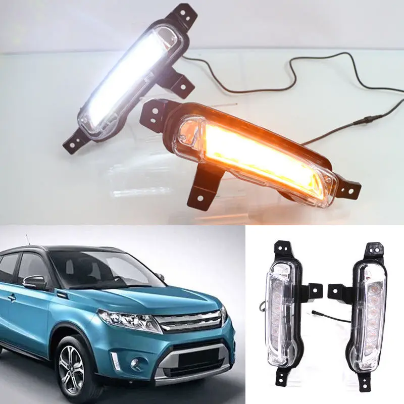 

Car Styling Accessories White Car LED DRL Daytime Running Lights With Yellow Turn Light For Suzuki VITARA 2015 2016