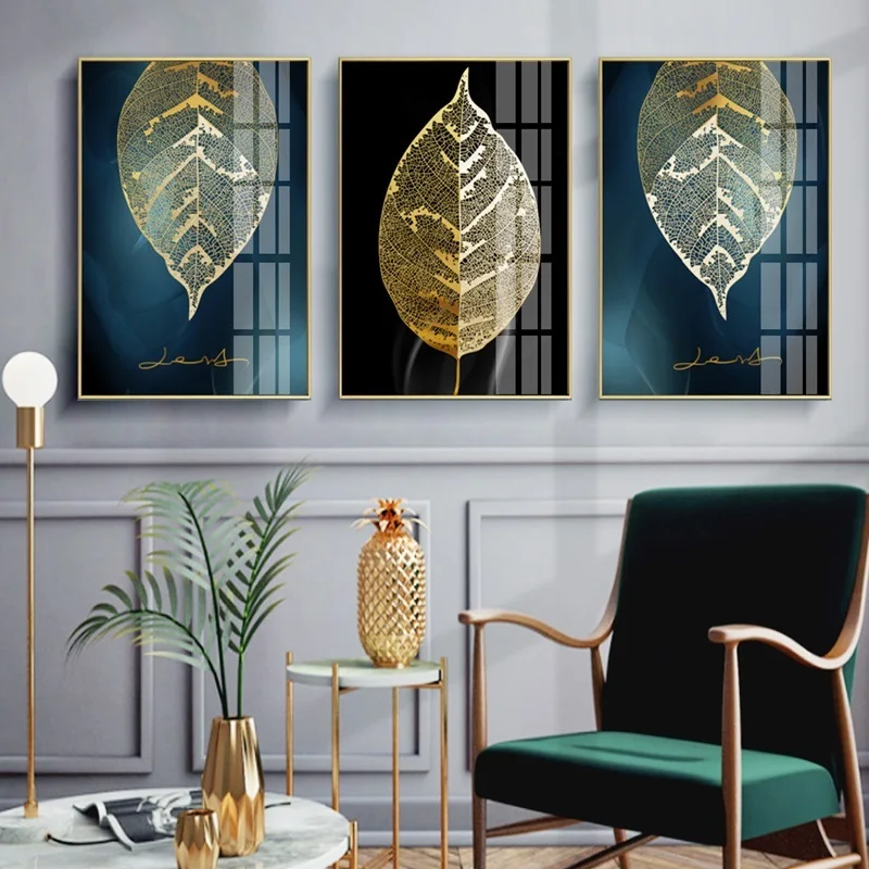 

Golden Leaf Canvas Painting Modern Minimalist Abstract Nordic Posters and Prints Modular Wall Pictures for Living Room Decor