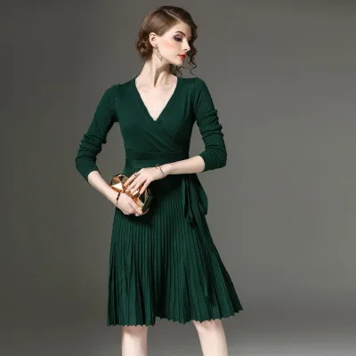 Olgitum осеннее платье высокое качество элегантные офисные платья для женщин декоративный пояс v-образный вырез сплошной Винтаж Vestidos DR514 - Цвет: dark green