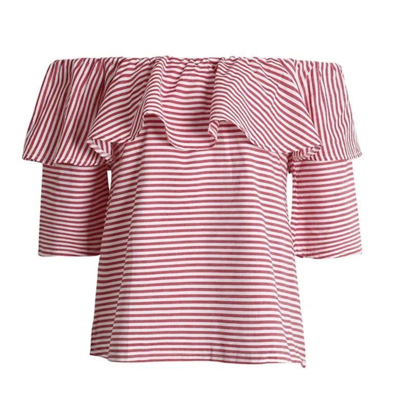 Ahmagen Sexy Off Shoulder Ruffle Striped Blouse Shirt Women Tops Summer 2017 Slash Neck Short Sleeve Blouses Blusas Plus Size07
