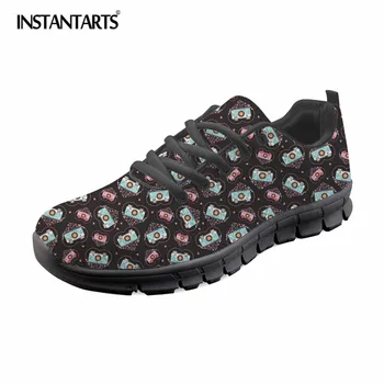 

INSTANTARTS Vintage Camera Design Breathable Mesh Flat Shoes Fashion Lace Up Sneaker Shoes for Girls Ladies Leisure Mesh Flats