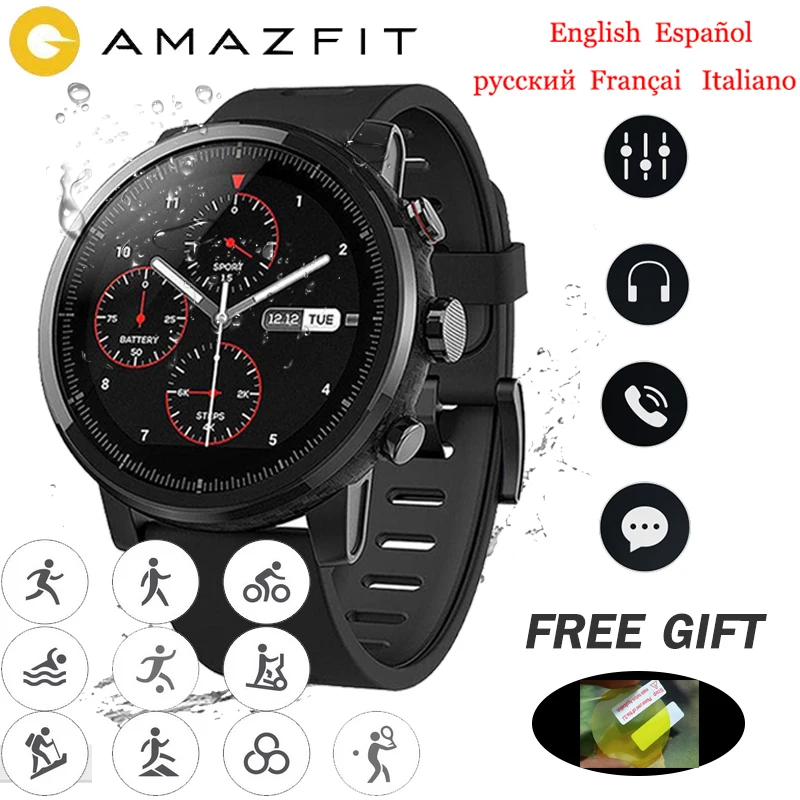 

Global Version Amazfit Stratos smart Watch men 5ATM Waterproof blutooth music Huami pace 2 GPS SportsWatch swimming