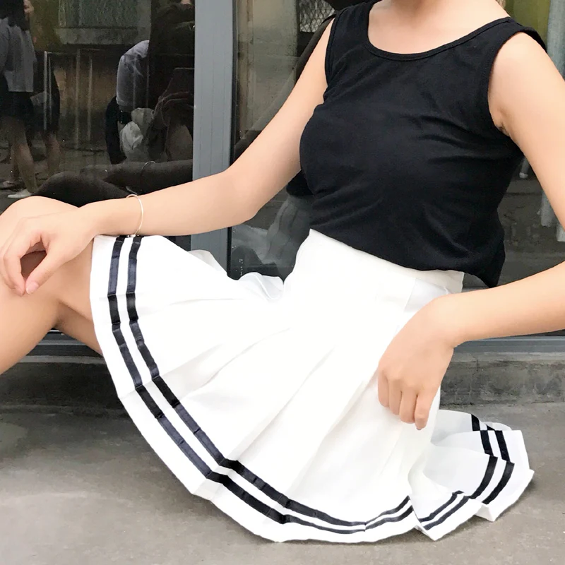 Харадзюку Лолита Стиль Высокая талия мини юбка для женщин Лето корейский Ulzzang синий черный белый юбки школьниц уличная одежда - Цвет: Белый
