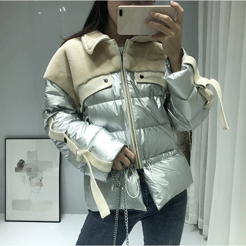 

Female Winter Coat Parka Women's Down Jacket Splice Sheep shearing Jacket Short 2019New Female Warm Down Sliver/Gold Down Jacket
