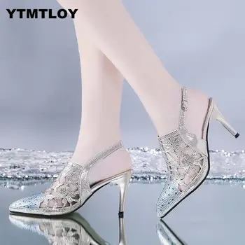 

HOT Spring Sexy Pumps Fashion Rhinestones Diamond Beaded Super High Thin Heeled Pointed Toe Slingbacks Women Shoes Gold
