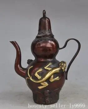 

Crafts statue mark Chinese Bronze Copper Gilt beast Gourd Wealth lucky Wine tea Pot Flagon halloween