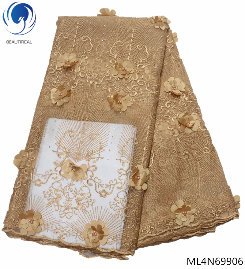 

Beautifical african 3d laces fabrics 2019 gold appliqued lace fabrics with beads and stones for women 5yards/lot ML4N699