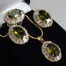 Тон инкрустация Перидот Кристалл ожерелье кулон серьги кольцо набор кварцевые тонкой покрытием Свадебные широкие часы крылья королева