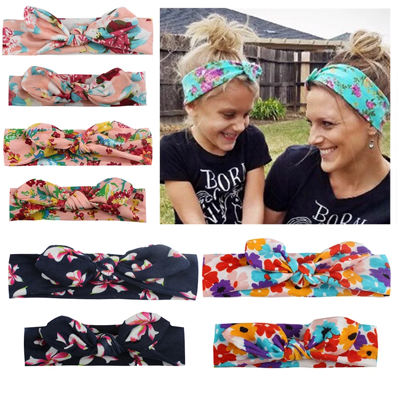 

2Pc/Set Mother Baby Turban Bohemian Mom Daughter Bow Knot Headbands Floral Print Mom And Me Matching Headband Hair Accessories