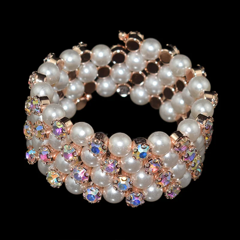 Fashion Crystal Pearl Bracelets Bangles for Women Gold Silver Plated Stretching Bracelets Pulseras Mujer Wedding Jewelry Gift 3