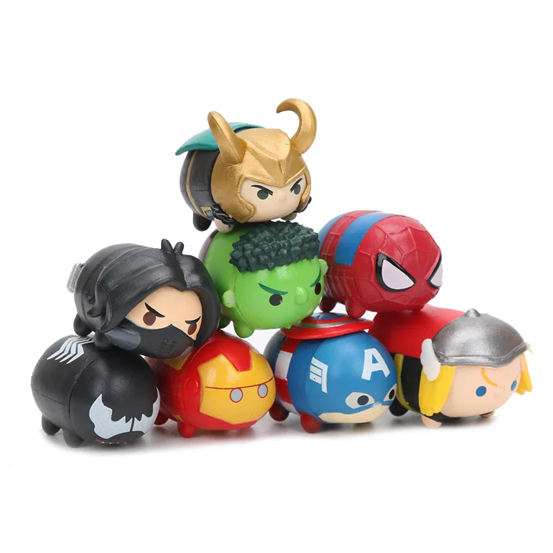 Marvel the Avengers 8pcsset Kawaii Tiny Tsum Tsum Mini Spider man Iron Man Hulk Captain America Loki PVC Avengers Figure Toys