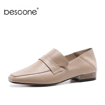 

BESCONE Soft Women Flats Genuine Leather Square Toe Comfortable Slip-on Work Casual Shoes New Shallow Outside Women Flats BO145