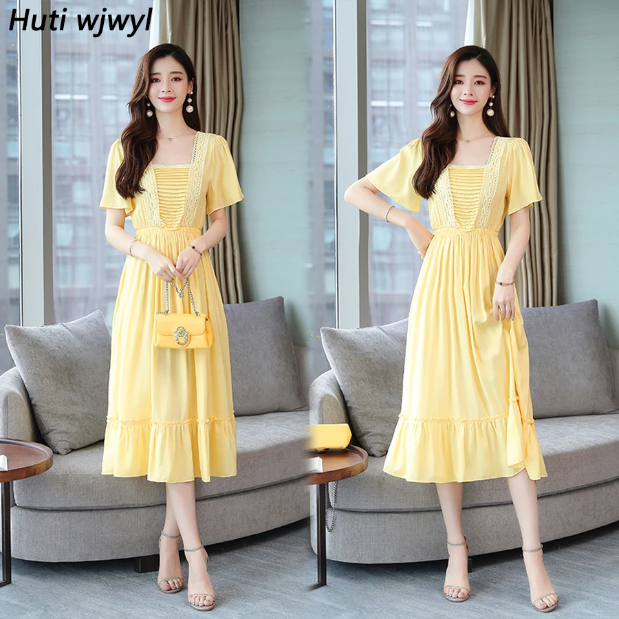 

2019 Femal Vintage Solid Elegant Boho Midi A-line Dress Summer New Plus Size Yellow Beach Sundress Women Bodycon Party Vestidos