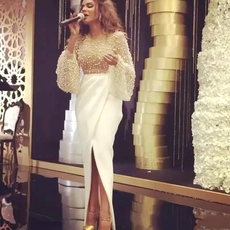

Luxury Muslim Pearls Long Sleeve Evening Dresses Long 2019 Mermaid Arabic Dubai Formal Evening Gowns For Women Robe De Soiree