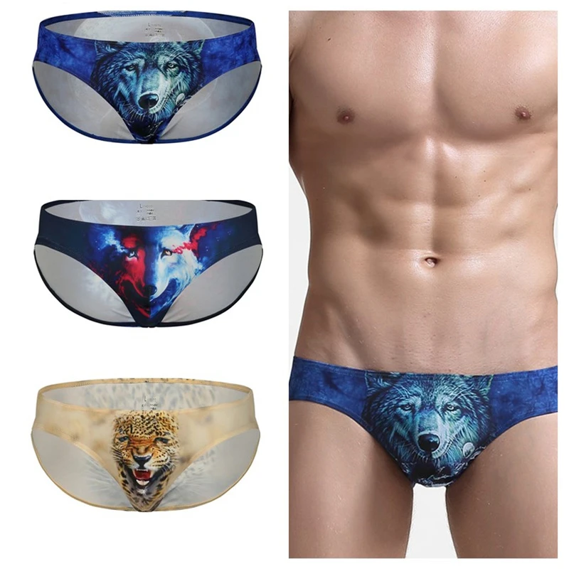 

Fashion Mens Digital Printing Wolf Leopard Briefs Male Sexy Underpants Low-rise Shorts Underwears U Convex Panties New Cool
