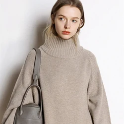 Cashmere sweater women's new high-neck cashmere sweater women's solid color long loose sweater large size knit bottoming shirt Cashmere sweater women's new high-neck cashmere sweater women's solid color long loose sweater large size knit bottoming shirt