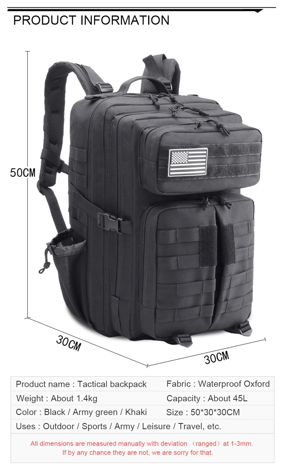 Tactical Backpacks Outdoor Backpack Military Assault Army Molle Rucksack with Flag Patches Women Men Waterproof Sports Bags Pack (6)