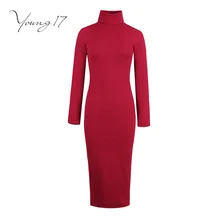 Young17 Bodycon 2017 женщин осень однотонного трикотажного полотна водолазка пуловеры платье женские пикантные вечерние до середины икры элегантные Bodycon