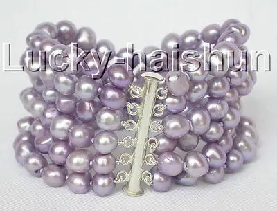 

Free Shipping >>8" 6row 9mm baroque lavender purple pearl bracelet bangle magnet clasp