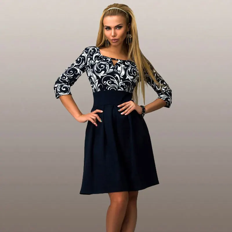 New-2017-Women-Summer-Casual-Dress-Half-Sleeve-Print-Office-Shirt-Dresses-square-collar-Work-Wear