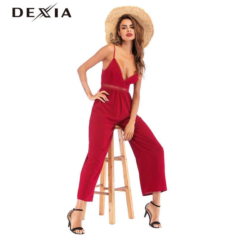 

DEXIA Summer Red Jumpsuits Women Red Strap Bow Lacing Backless Lace Patchwork Loose Long Pants Deep V-Neck Jumpsuits Ladies