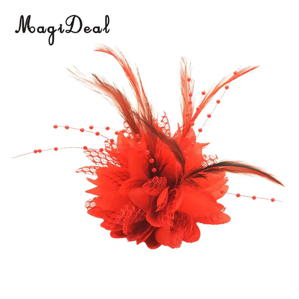 Feather Pearls Flower Decoration,Hair Clip Accessories,Corsage,Brooch ,Wrist Flower Wedding Party Decoration for Bride - Red