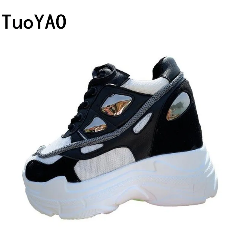 

2019 Fashion Women's High Platform Casual Shoes Height Increasi leathe Shoes 10 CM Thick Sole Trainers Lady Shoes White Sneakers