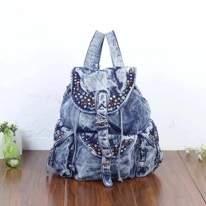 Denim Bag With Rhinestones Vintage 2015 Female Jeans Backpack For