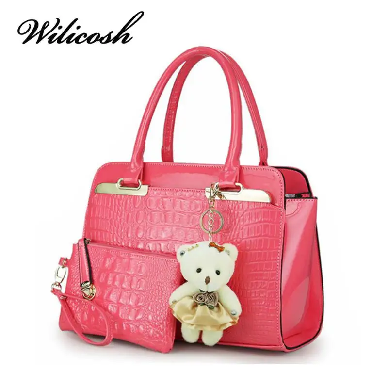 

Wilicosh  patent leather women's shoulder bags alligator handbags vintage women messenger bags 2 bags/set with bear tool DB5146