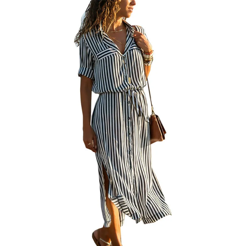 

Chiffon Shirt Dress 2019 Summer Boho Beach Dresses Women Casual Striped Print A-line Party Dress Vestidos Orange Black Plus Size
