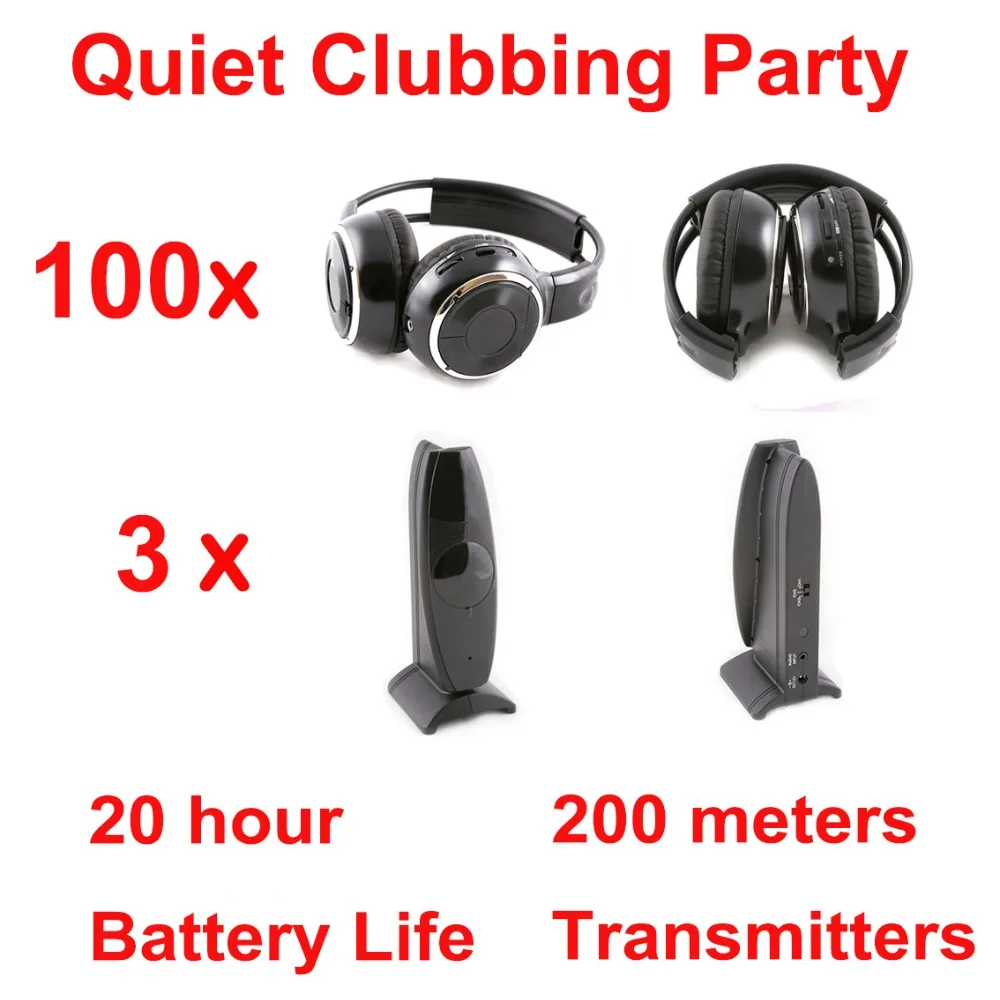 

Silent Disco compete system black folding wireless headphones - Quiet Clubbing Party Bundle (100 Headphones + 3 Transmitters)