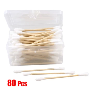 

80Pcs Disposable Double End Wood Tube Cotton Swab Bud w Rectangle Shaped Case