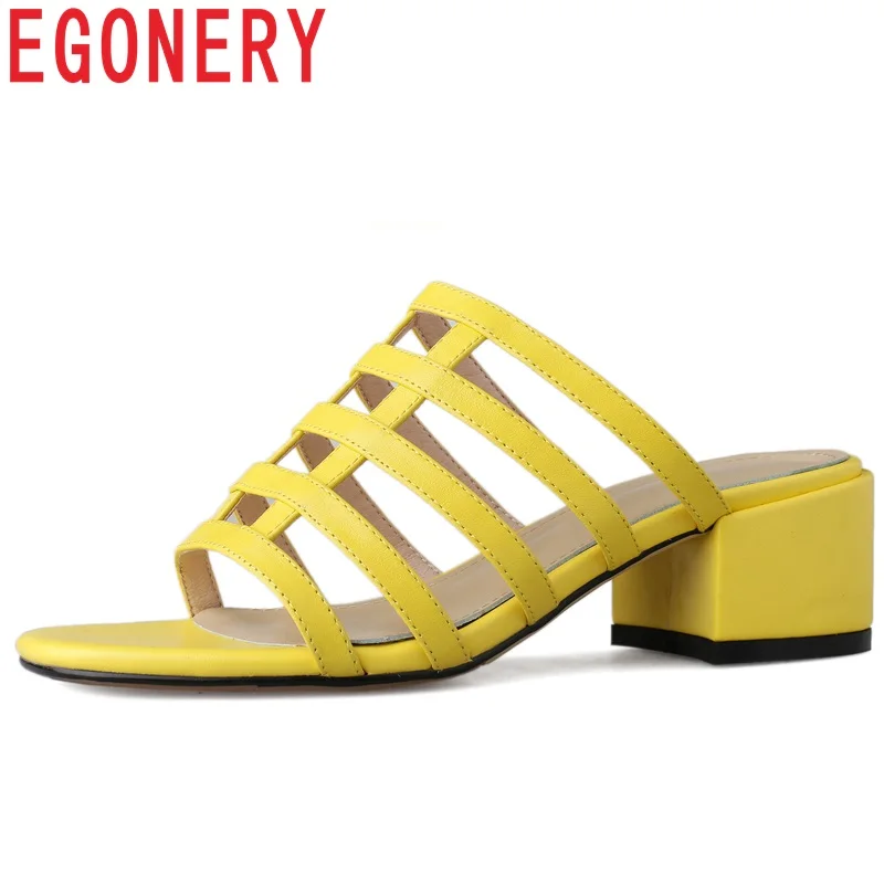 

EGONERY Beach holiday genuine leather woman mules shoes Rome Slides med Square heels shoes fashion girl Open toe Slippers