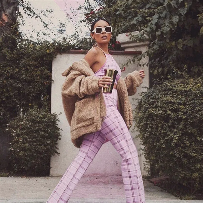 2018 New Summer Women Sexy Backless Set Pink Plaid Sleeveless Two Piece Sets England Style Plaid Lace Up Top And Pants Sets Women's Sets