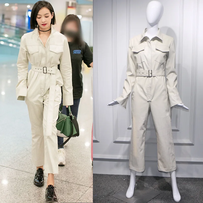 

Spring The Same White Overalls Korean Version of Loose Straight-barreled Pants Sashes Pockets Button Zipper Fashion Pants Women