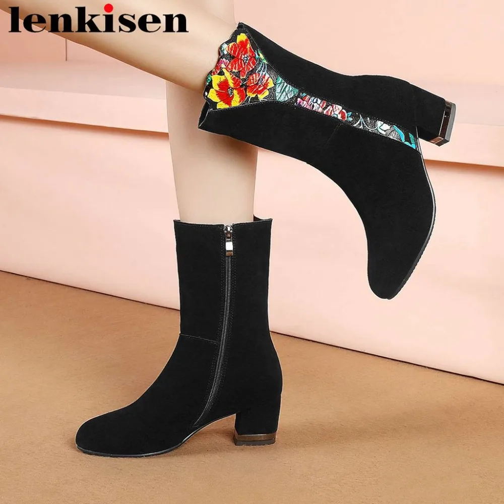 

Fashion show runway colorful flowers round toe med thick heels mixed colors zipper plus size natural leather mid-calf boots L33