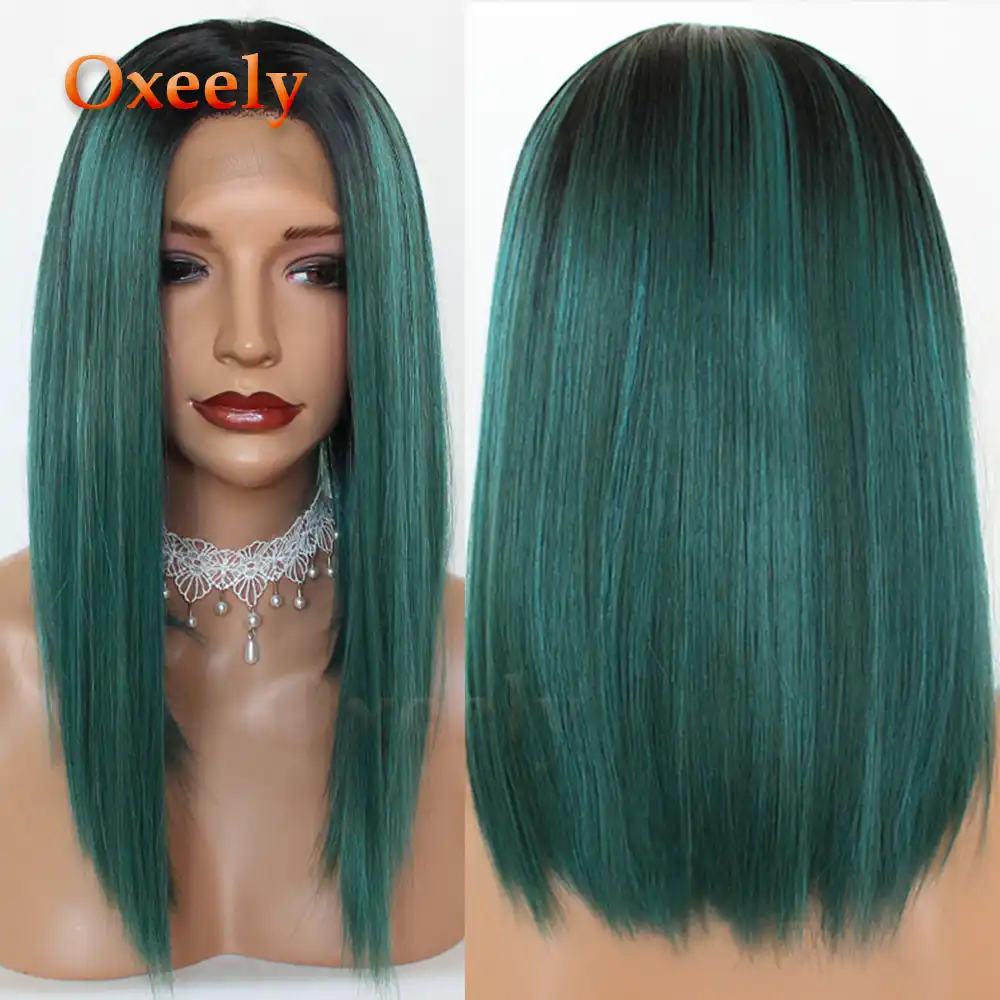 Oxeely Bob Cut Hair Synthetic Lace Front Wigs Green Ombre Two Tone