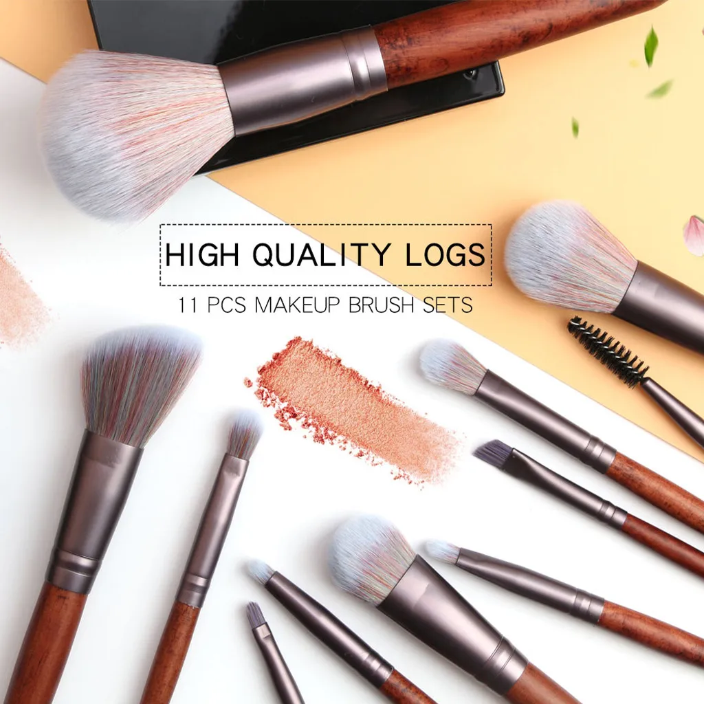 Professional11PCS набор деревянных макияжных кисти наборы модные коричневые косметический для бровей, теней кисть для нанесения пудры кисти для макияжа губ