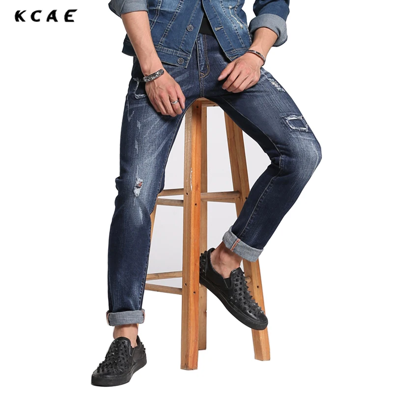 

KCAE Brand Men Denim Jeans Mid-waist Straight Slim Male Scratched Jeans Pants Casual Hole Style Men Blue Hole Jeans Plus Size