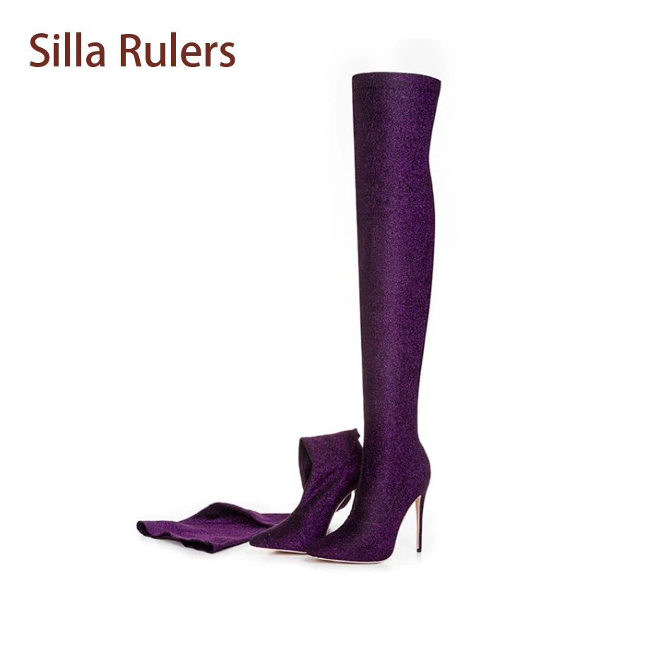 

Silla Rulers Female Over The Knee Boots Sexy Pointed Toe Stilettos Heel Shoes Fashion Stretch Thin Leg Nightclub Thigh High Boot