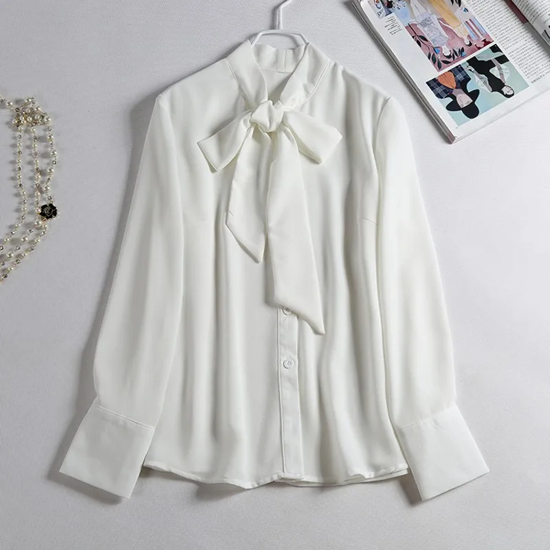 

White Tie Neck Bow Ruffle Plain Color Top Stand Collar Long Sleeve Women OL Style Blouse 2019 Summer New Elegant Work Blouse