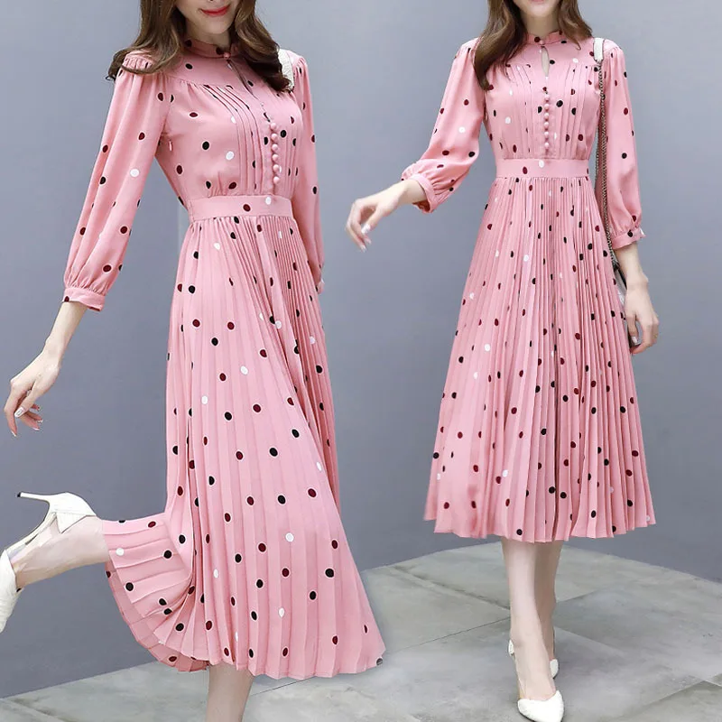 

Spring 2019 new fashion temperament commuter A word dress Slim fairy waist party dress Over the knee wave long section