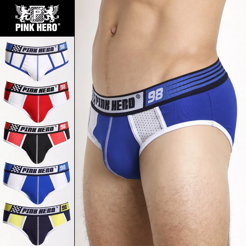 

NEW 5pcs/Lot Pink Heroes Fashion Cotton Underwear Men Briefs Patchwork Breathable Eyelet Fabric Sexy Breathable Male Underpants