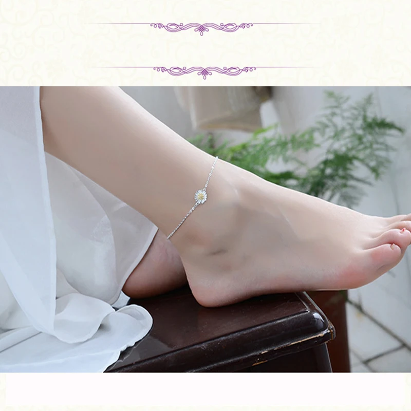 Qevila Jewelry Anklets Plated 925 Sterling Silver Elegant Daisy Flower Ankle Bracelets for Women Barefoot Sandals Summer Fashion (5)