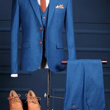 Темно-синие твидовые Свадебные вечерние мужские костюмы для выпускного вечера из 3 предметов, приталенные смокинги для жениха, мужской костюм на заказ пиджак для костюма masculino